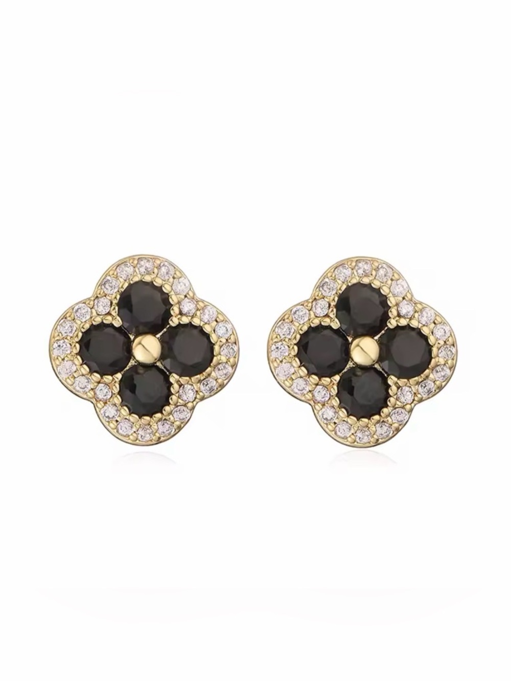 18K Gold-Tone Black Crystal Floral Stud Earrings